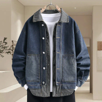 2025 Spring New Plaid Patchwork Washed Denim Jacket for Teenagers, Thickened Denim Jacket