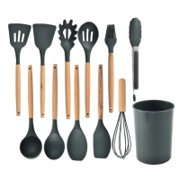 【SUNORO】日式木柄矽膠廚具12件組 廚房工具 烹飪工具 打蛋器/湯勺/食物夾/漏勺/鍋鏟/煎鏟/菜鏟(含收納桶)