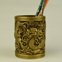 銅筆筒龍馬年年有余黃銅鑄造仿古小文房擺件禮品復古中式老師