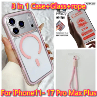 3 ใน 1 กรณี + แก้ว + rope หรูหรา IMD สูงผ่านสีพราวกรณีโทรศัพท์สำหรับ iPhone 17 Pro Max 16 16e 15 14 