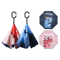 【YUNMI】C型免手持雙層儿童卡通雨傘(晴雨傘 反向直傘 遮陽傘 防紫外線 反向雨傘 直立傘 長柄傘)