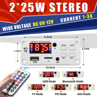 12V 50W Amplifier Color Screen MP3 Decoder Board 2*25W 12V MP3 Player Bluetooth5.0 USB Module FM AUX Radio Recording Handsfree