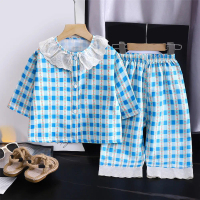 ชุดเสื้อผ้าพื้นเด็กผู้หญิง, ตกแต่งลูกไม้, คอปก, กางเกงขายาวแขน 3/4, ชุดนอนผ้าฝ้ายสำหรับเด็ก, เสื้อผ้