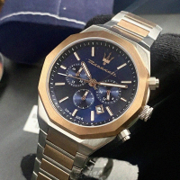 【MASERATI 瑪莎拉蒂】MASERATI手錶型號R8873642002(寶藍色錶面玫瑰金錶殼金銀相間精鋼錶帶款)
