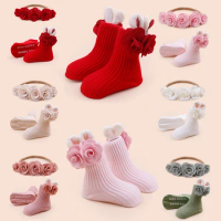 Sweet and Cute Rose Rabbit Ears Pink Red Khaki Green Nylon Handmade Headband Socks Set/Suitable for Daily Matching Very Popular
