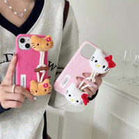 Iphone Series Sanrioed Anime Kitty Kawaii Phone Case for Iphone15Pro 14Promax 13 12 11 Wrist Strap Mobile Phone Accessories