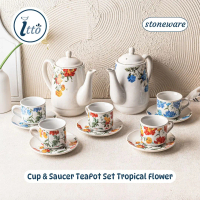 Cup & Saucer TeaPot Set Tropical Flower Stoneware Keramik