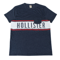 HOLLISTER 燙印簍空LOGO紅白紅粗細條紋設計棉質混紡短袖T恤(男款/海軍藍)