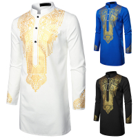 Muslim 2023 baru kasual islam arab Abaya jubah Cosplay etnik cetak berdiri kolar belia Mid-Length Shirt Coat lelaki kostum