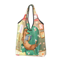 Fashion Dachshund Reading Book Shopping Tote Bag Portable Badger Wiener Sausage Dog Groceries Shopper Shoulder Bag