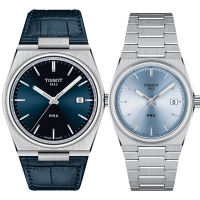 TISSOT 天梭 官方授權 PRX系列 70年代復刻石英對錶 情侶手錶 送禮推薦-冰藍 T1374101604100+T1372101135100