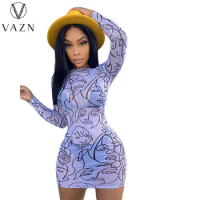 VAZN 2021 Autumn See Through Lace Open Little Chap Young Sexy Party Round Neck Full Sleeve Thin Women Mini Dress Vestido