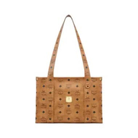 MCM Small Aren School Bag Tote in Visetos Cognac Brown