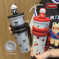 การ์ตูน Panda แก้วน้ำสแตนเลส 304 ถ้วยน้ำสำนักงาน มีหลอดดูด พับเก็บได้ เก็บร้อนและเย็น 700ml ถ้วยฉนวน