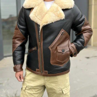 Winter Mens Genuine Leather Real Fur Flight Jacket Thick Warm Wool Lining Coat Patchwork Slim Fit Sheepskin Overcoat Plus Size