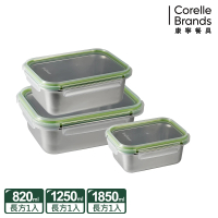 【CorelleBrands 康寧餐具】可微波304不鏽鋼長方形保鮮盒3件組
