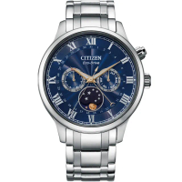 【CITIZEN 星辰】光動能時尚紳士月相錶-42mm/藍x銀 畢業 禮物(AP1050-81L)