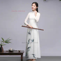 2024 woman aodai dress vietnam traditional dress improved qipao national bamboo print cheongsam oriental tea service hanfu dress