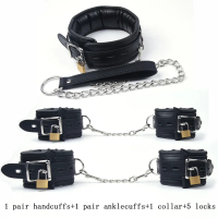 หนังสีดำฟองน้ำกุญแจมือสำหรับเพศข้อเท้า Cuffs ทาสกับโซ่ล็อค Restraints ของเล่นเพศสำหรับผู้ใหญ่เกม Bds