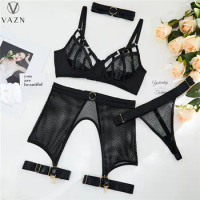 VAZN 2022 New Classic Black Lace See Through Lingerie Young Open Metal Chain + 2 Piece Underwears Skinny Women 4 Piece Sets
