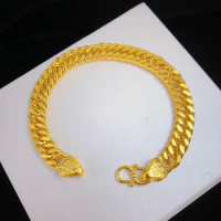 Real 24K Gold Color Thickened Gold Fuzi Tank Flat Bracelet for Men Women Chain Pure 10n 12n 14n 999 Golden Plated Jewelry Gift