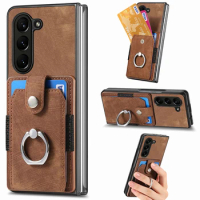 Z Fold5 5G Luxury Case For Samsung Galaxy Z Fold 5 Leather Card Holder Stand Ring Back Cover For Galaxy Z Fold5 Phone Funda