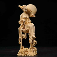小葉黃楊木雕嫦娥奔月鏤空客廳擺件實木人物雕刻手把件創意工藝品