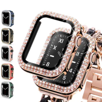 Glass+Cover For Apple Watch series 7 6 5 4 3 se iwatch band 45mm 41mm 42mm 40mm 44 Diamond Screen Protector apple watch case