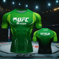 2026 UFC เสื้อยืดกีฬาสำหรับผู้ชาย 3D พิมพ์แขนสั้น O-คอฟิตเนสยิมออกกำลังกายสวมใส่สบายๆสีดำสีขาวแฟชั่น