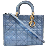 【二手名牌BRAND OFF】DIOR 迪奧 藍色 羊皮 藤格紋 大型 Lady Dior 兩用包