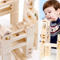 60pcs Wooden Marble Track Assembly Building Blocks Run Maze Ball Puzzle Children Educational Toys Ki