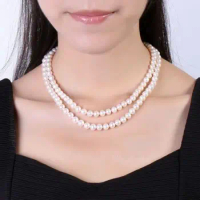 Double strand 9-10MM freshwater NATURAL WHITE PEARL NECKLACE 18"19" 14K GOLD