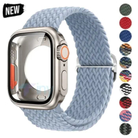 Case+Strap for Apple Watch 9 8 7 6 SE 5 4 45 44 40 41mm Nylon Elastic Braided Loop Band Appearance Upgrade Ultra Cover Protector