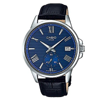 CASIO簡約橫條紋時尚羅馬風格皮帶腕錶(MTP-EX100L-2)藍面/43.8