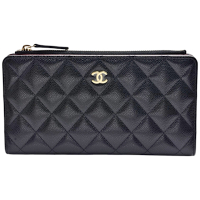 CHANEL 經典雙C LOGO菱格粒紋牛皮暗釦長夾(黑色)