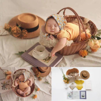 Newborn Photography Props Baby Girl Picnic Rattan Basket Outfit Decotations Theme Set Fotografia Studio Shooting Photo Props
