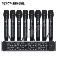 UHF Wireless Microphone System with Cordless 8 Dynamic Handheld Mic 8 Antenna IR Sync Adjustable Frequency Audio Equipment Set