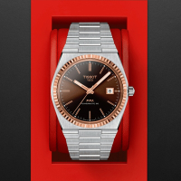 TISSOT天梭 官方授權 PRX系列 18K金 復古簡約機械腕錶-棕 禮物推薦 畢業禮物 40mm/T9314074129100