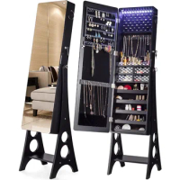 YOKUKINA LED Jewelry Cabinet Armoire, Large Storage Lockable Organizer with Frameless Free Standing Dressing Mirror (Black)