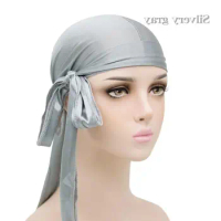 New Satin Head Scarf Hip Hop Durag Wig Turkish Turban Long Tail Pirate Hat Men Solid Color Fashion Hair Scarf
