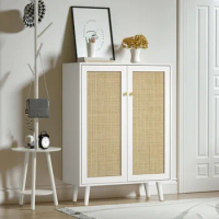 Anmytek Rattan Cabinet, 44" H Tall Sideboard Storage Cabinet with Crafted Rattan Front, Entryway Shoe Cabinet Wood 2 Door