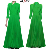 ALSEY High Quality Fall Green Women's Dresses Fashion Pleated Skirt Temperament Luxury Seven-quarter Sleeve Skirt 2024 Fall New