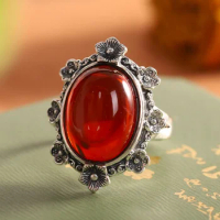 S925 Sterling Silver Rings for Women New Fashion 3D Little Flowers Inlaid Oval Crimson Amber Palace Style Jewelry Free Shipping