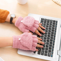 韓版毛絨純色可愛卡通學生保暖雙層加厚半截露指翻蓋手套女秋冬季