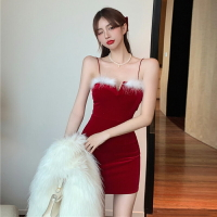 圣誕節穿搭主題衣服秋冬季女裝情趣制服內搭毛毛領夜店吊帶連衣裙