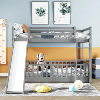 Gray Twin over Twin Bunk Bed with Slide and Ladder, Solid Wood Loft Bed for Kids Bedroom Furniture