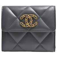CHANEL 19系列經典金屬雙C LOGO菱格紋小羊皮三折短夾(灰色)