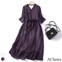 【ACheter】V木耳領連身裙大碼春夏顯瘦棉麻復古短袖長版洋裝#116916(2色)