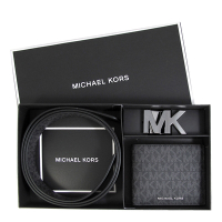 MICHAEL KORS GIFTING防刮滿版對開式短夾+MK頭雙面皮帶禮盒(黑色)