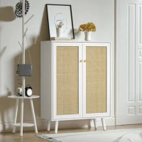 Rattan Cabinet, 44" H Tall Sideboard Storage Cabinet Entryway Shoe Cabinet Wood 2 Door Accent Cabinet with Adjustable Shelves